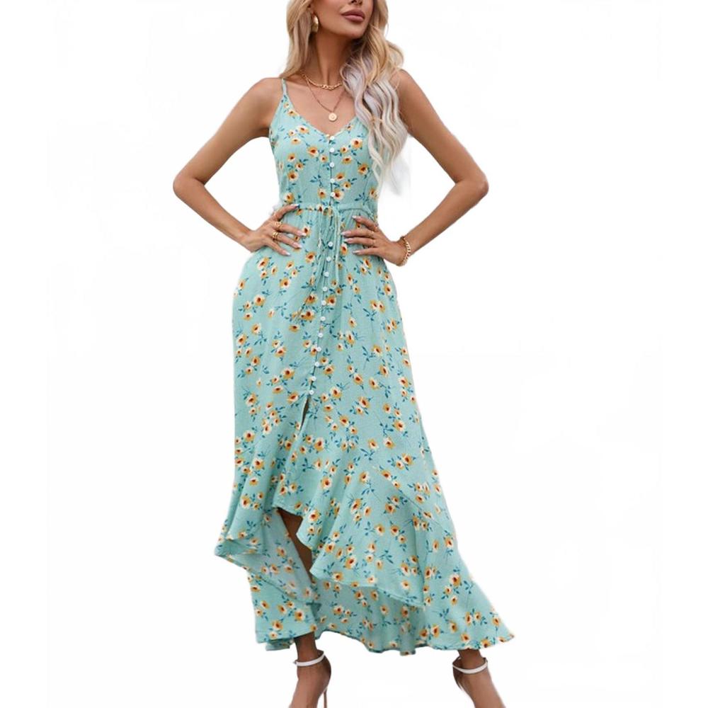 NEW DRESSLILY v neck button down dress in blue-green